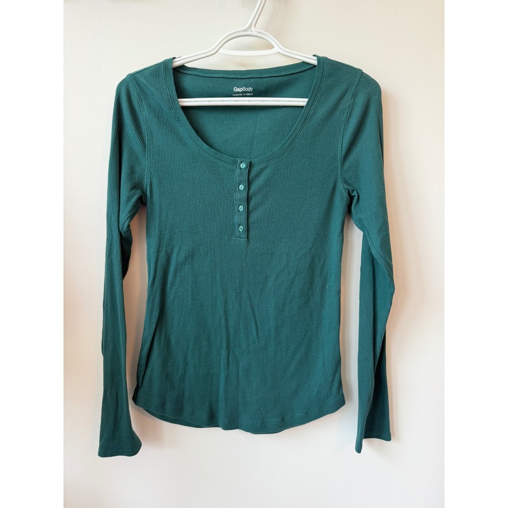 GapBody Forever Favorite Forest Green Ribbed Henley Long Sleeve Top Medium